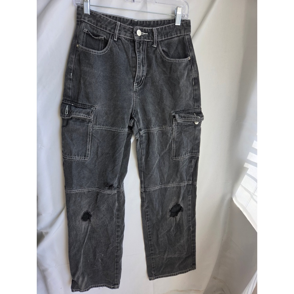 SHEIN Cargo Jeans Women S Black Faded Relaxed High Rise Straight Fair